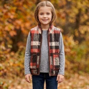 Puffer Lightweight Flannel- Style Plaid Vest, Girls 8-9Y, Brown Red Beige